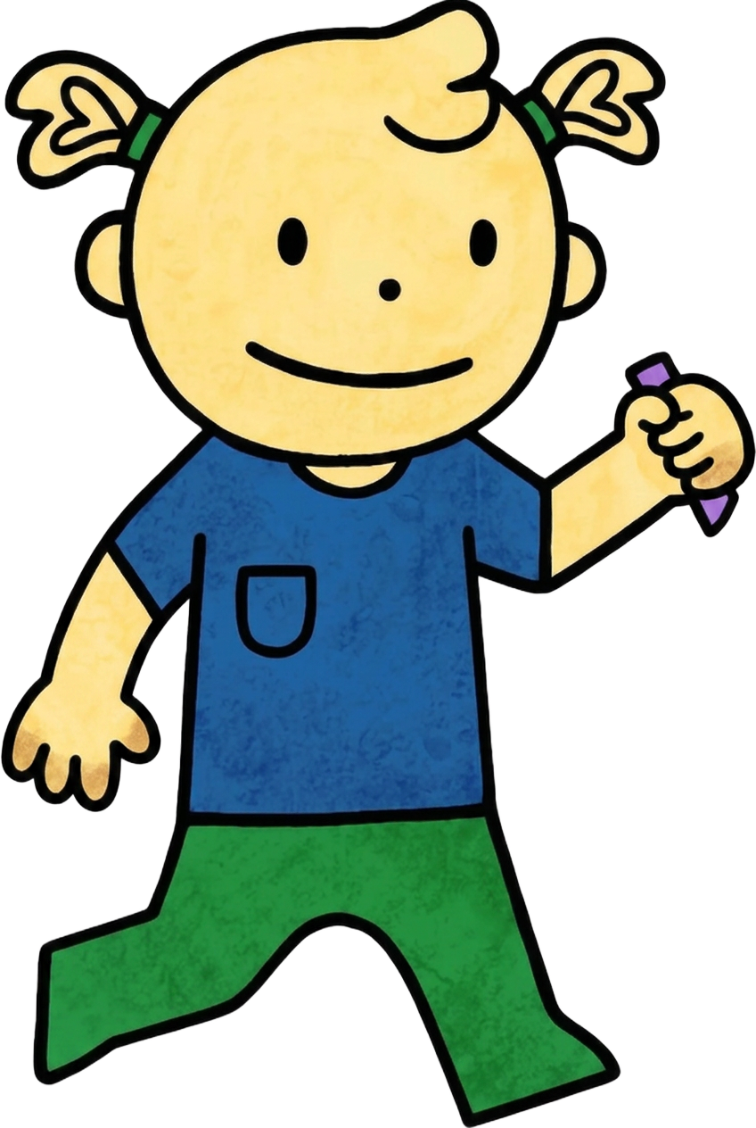 Big sister in a blue shirt holding a purple crayon